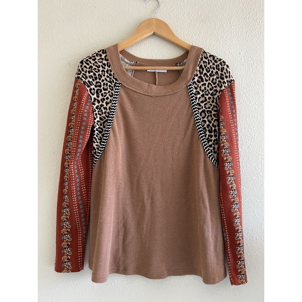 Ces Femme Womens S Boho Patchwork Top Leopard Print Mixed Pattern Western